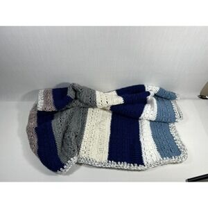 Homemade Crochet Blue Grey Striped Baby Blanket Grannycore Throw Afghan 54"x29"